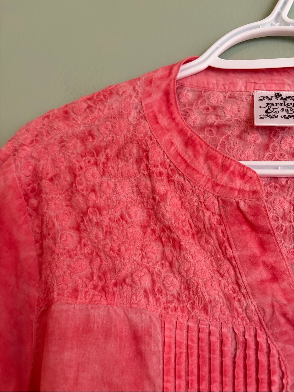 Parsley Sage Cotton Embroidered Tunic Blouse XL Coral Pink Lagenlook Mori Boho - Picture 10 of 16
